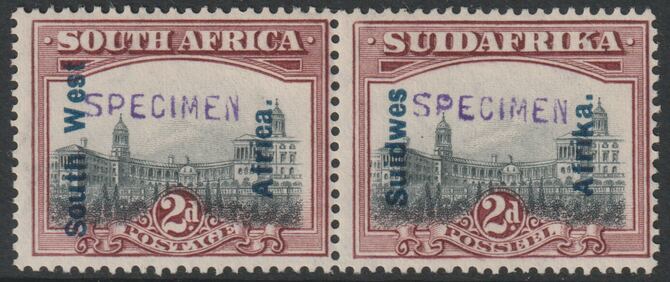 South West Africa 1927 Pictorial 2d horiz pair each handstamped SPECIMEN with gum and only about 400 produced SG 49s, stamps on specimens