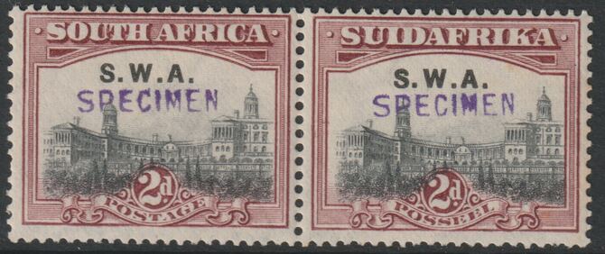 South West Africa 1927 Pictorial 2d horiz pair each handstamped SPECIMEN with gum and only about 400 produced SG 60s, stamps on specimens