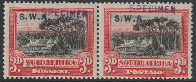 South West Africa 1927 Pictorial 3d horiz pair each handstamped SPECIMEN with gum and only about 400 produced SG 61s, stamps on specimens