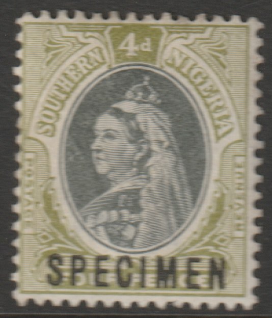 Southern Nigeria 1901 QV Crown CA 4d overprinted SPECIMEN without gum and only about 750 produced SG 4s, stamps on specimens