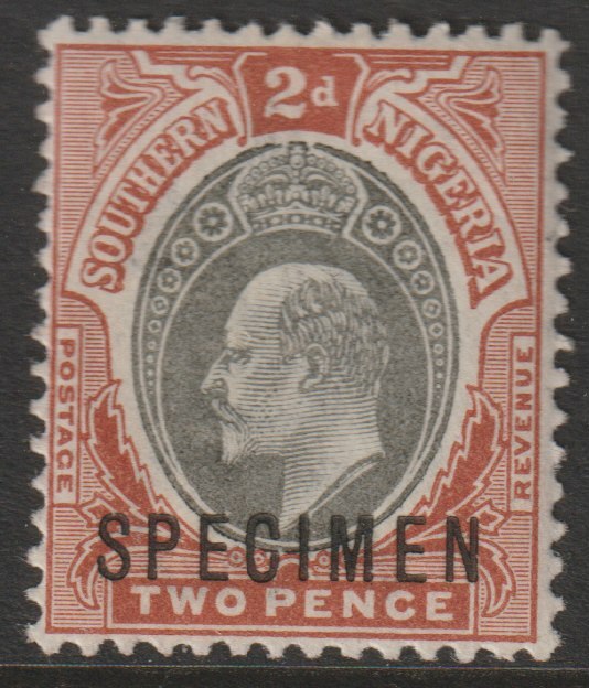 Southern Nigeria 1903 KE7 Crown CA 2d overprinted SPECIMEN with gum and only about 750 produced SG 12s, stamps on , stamps on  stamps on specimens