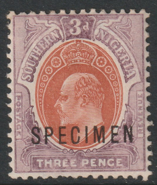 Southern Nigeria 1904 KE7 MCA 3d overprinted SPECIMEN with gum and only about 750 produced SG 25s, stamps on specimens