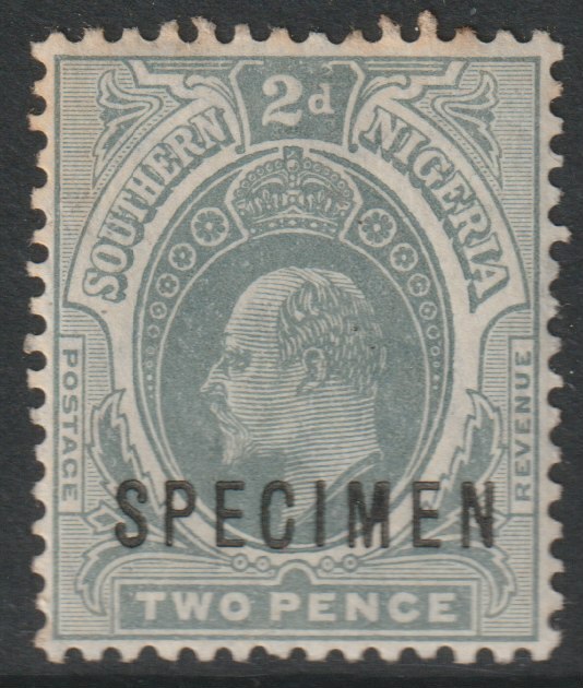 Southern Nigeria 1907 KE7 MCA 2d overprinted SPECIMEN with gum but some foxing, only about 400 produced SG 35s, stamps on specimens