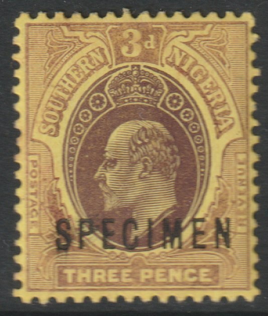 Southern Nigeria 1907 KE7 MCA 3d overprinted SPECIMEN with gum and only about 400 produced SG 37s, stamps on , stamps on  stamps on specimens