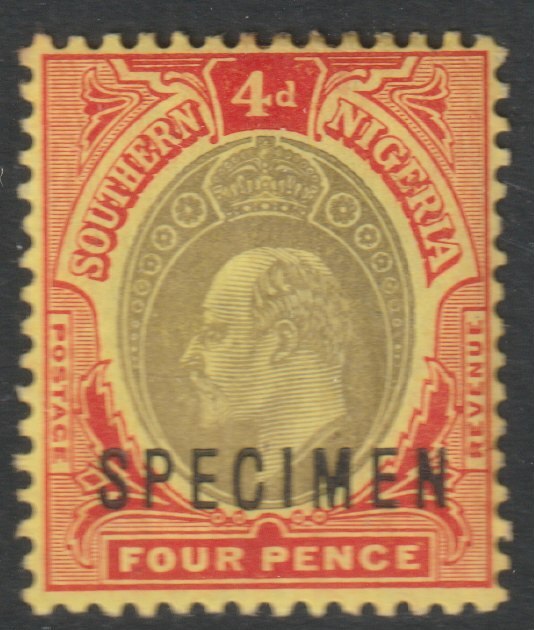 Southern Nigeria 1907 KE7 MCA 4d overprinted SPECIMEN with gum and only about 400 produced SG 38s, stamps on , stamps on  stamps on specimens