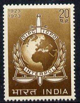 India 1973 50th Anniversary of Interpol unmounted mint, SG 698*, stamps on police    justice      maps      globes    sword