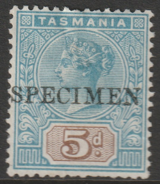 Tasmania 1892 QV 5d overprinted SPECIMEN without gum and only 345 produced SG 218s, stamps on specimens