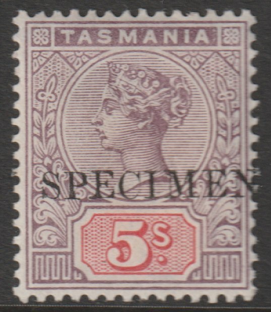Tasmania 1892 QV 5s overprinted SPECIMEN with gum but large hinge remainder only 345 produced SG 223s, stamps on specimens