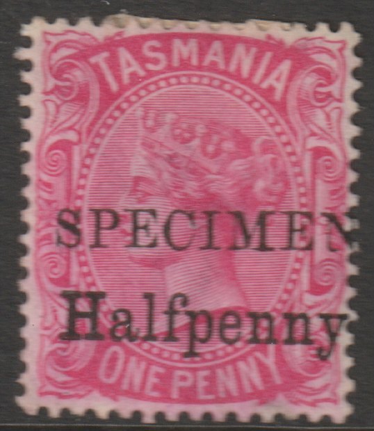 Tasmania 1889 QV 1/2d on 1d overprinted SPECIMEN with gum and only 345 produced SG 167s, stamps on specimens