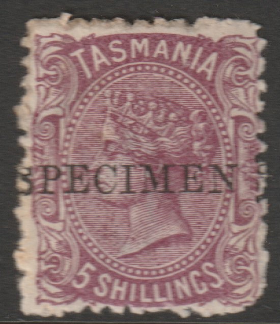 Tasmania 1871 QV 5s purple overprinted SPECIMEN without gum and ragged perfs, stamps on specimens