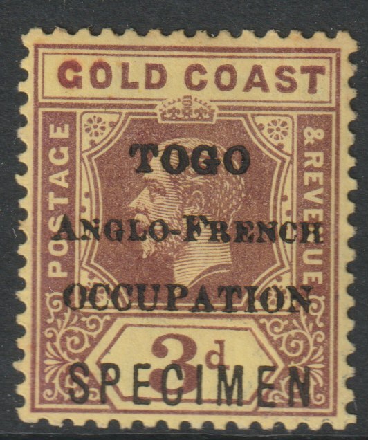 Togo 1916 KG5 - 3d overprinted SPECIMEN with gum and only about 400 produced SG H51s, stamps on , stamps on  stamps on specimens