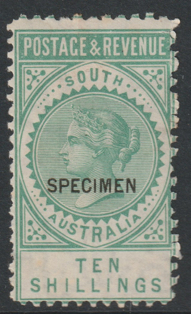 South Australia 1886Long Stamp 10s overprinted SPECIMEN with gum but few light tones, only 345 produced SG 197s, stamps on specimens