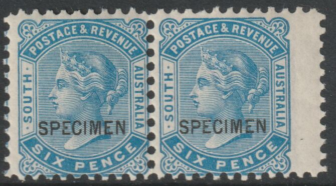 South Australia 1883 QV 6d horiz pair overprinted SPECIMEN with gum and only 345 produced SG 185s. Specimen multiples are rare, stamps on specimens