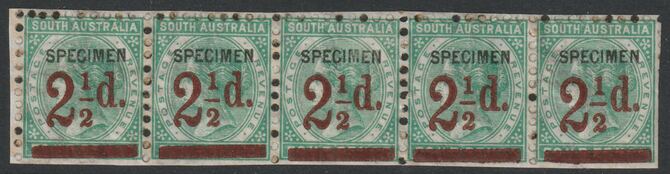 South Australia 1891 QV 2.5d on 4d horiz strip of 5 overprinted SPECIMEN disturbed gum but only 345 produced SG 229s. Specimen multiples are rare, stamps on specimens