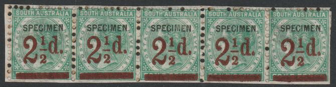 South Australia 1891 QV 2.5d on 4d horiz strip of 5 overprinted SPECIMEN disturbed gum but only 345 produced SG 229s. Specimen multiples are rare, stamps on , stamps on  stamps on specimens