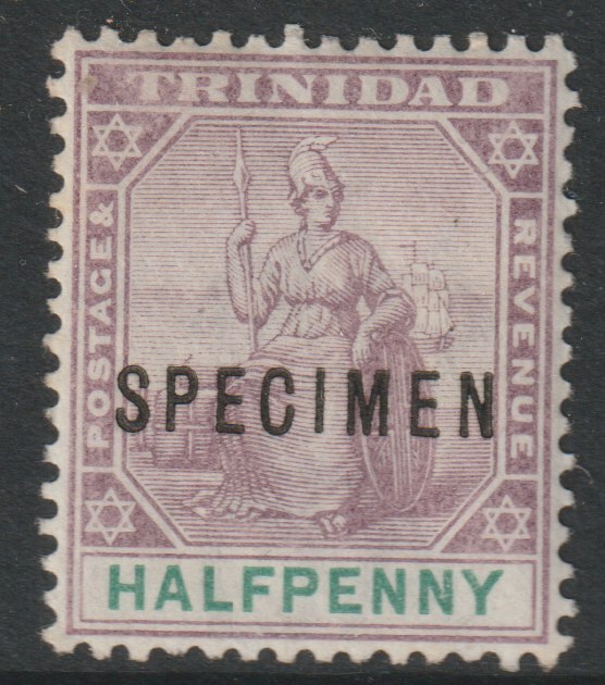 Trinidad 1896 Britannia 1/2d overprinted SPECIMEN with gum and only about 750 produced SG 114s, stamps on specimens