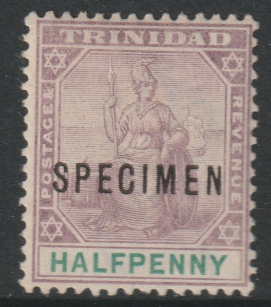 Trinidad 1896 Britannia 1/2d overprinted SPECIMEN with gum and only about 750 produced SG 114s, stamps on specimens