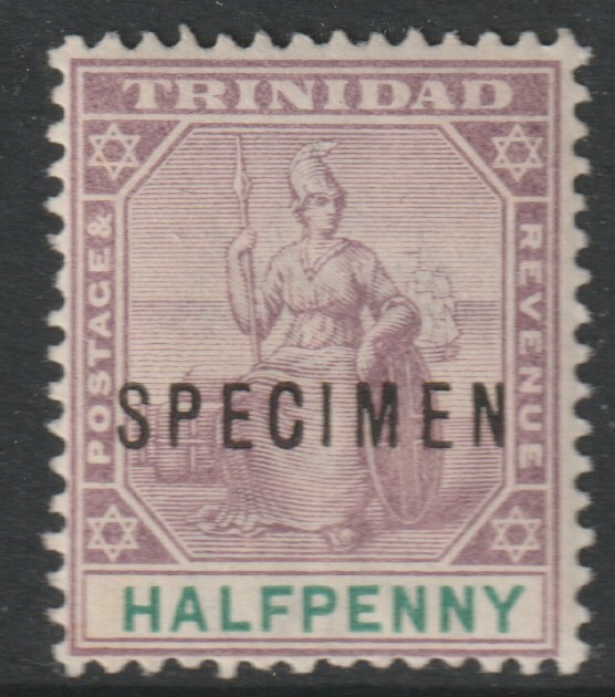 Trinidad 1896 Britannia 1/2d overprinted SPECIMEN with gum and only about 750 produced SG 114s, stamps on specimens