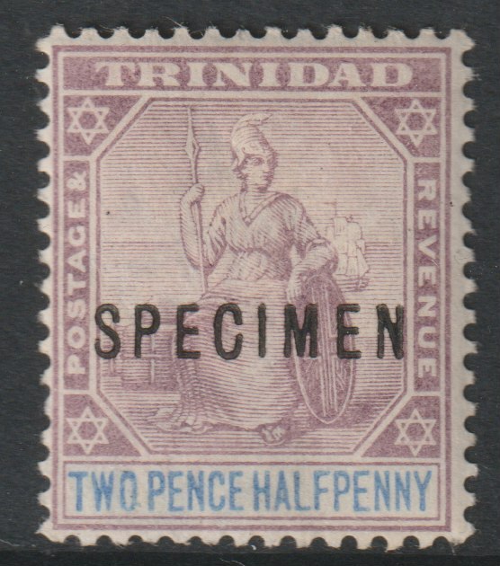 Trinidad 1896 Britannia 2.5d overprinted SPECIMEN with gum and only about 750 produced SG 117s, stamps on specimens