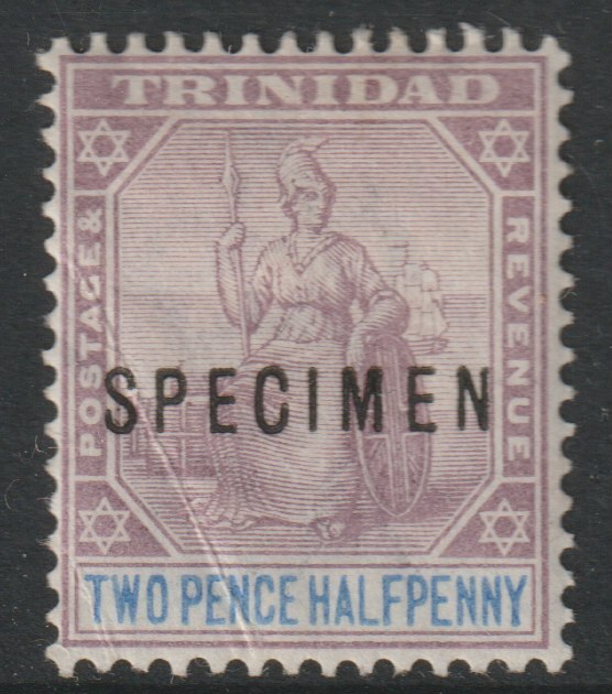 Trinidad 1896 Britannia 2.5d overprinted SPECIMEN with gumbut creased, only about 750 produced SG 117s, stamps on specimens