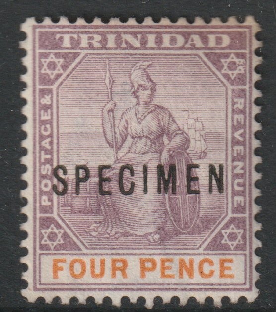 Trinidad 1896 Britannia 4d overprinted SPECIMEN with gum and only about 750 produced SG 118s, stamps on specimens