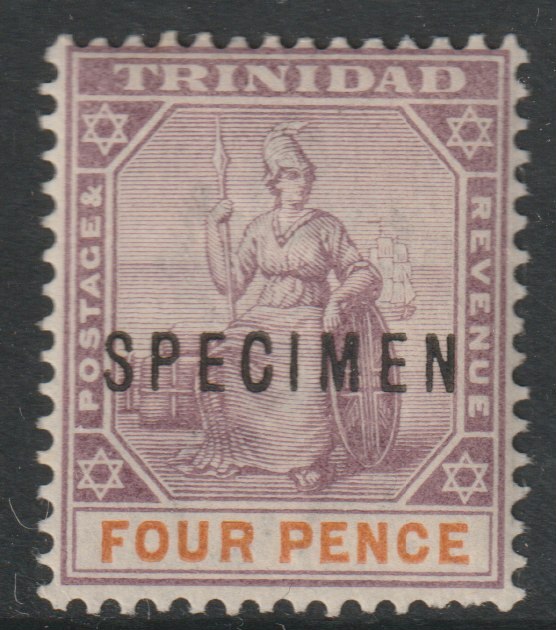 Trinidad 1896 Britannia 4d overprinted SPECIMEN with gum and only about 750 produced SG 118s, stamps on specimens