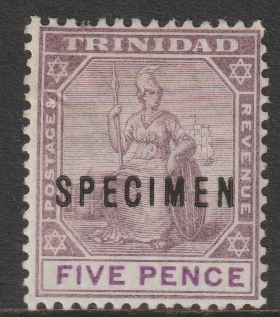 Trinidad 1896 Britannia 5d overprinted SPECIMEN with gum and only about 750 produced SG 119s, stamps on specimens