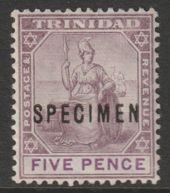 Trinidad 1896 Britannia 5d overprinted SPECIMEN with gum and only about 750 produced SG 119s, stamps on , stamps on  stamps on specimens