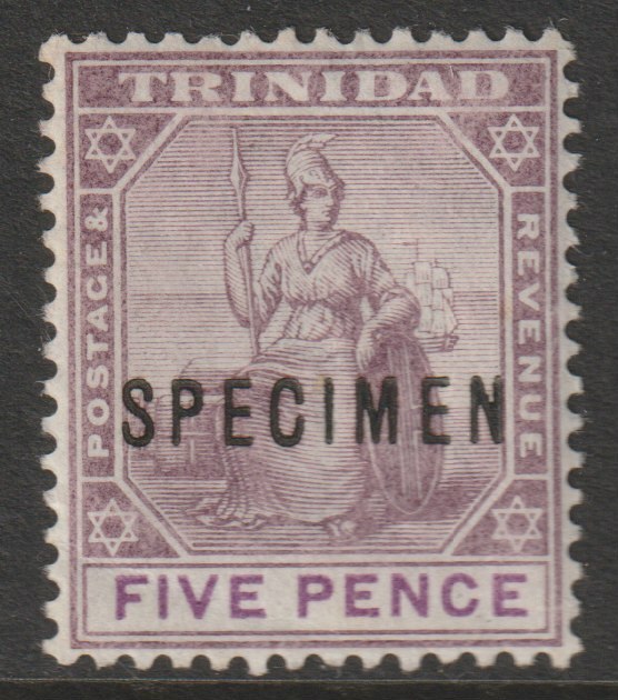 Trinidad 1896 Britannia 5d overprinted SPECIMEN with gum and only about 750 produced SG 119s, stamps on specimens