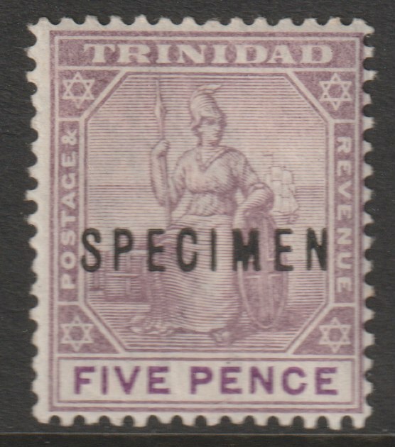 Trinidad 1896 Britannia 5d overprinted SPECIMEN with gum and only about 750 produced SG 119s, stamps on specimens