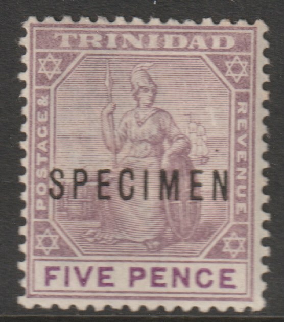 Trinidad 1896 Britannia 5d overprinted SPECIMEN with gum and only about 750 produced SG 119s, stamps on specimens