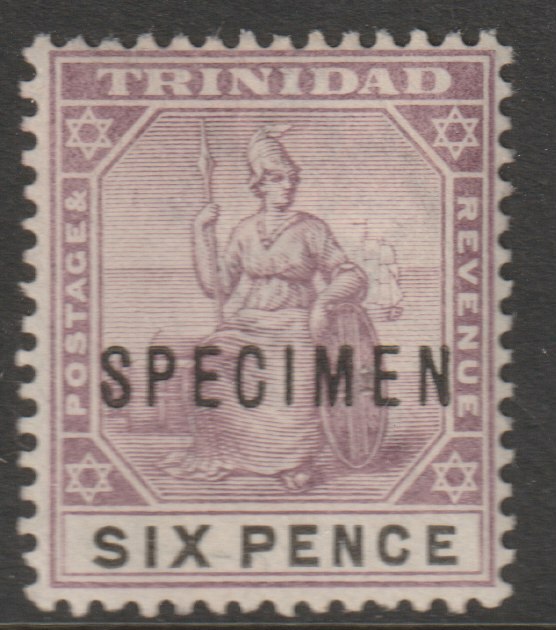 Trinidad 1896 Britannia 6d overprinted SPECIMEN with gum and only about 750 produced SG 120s, stamps on specimens