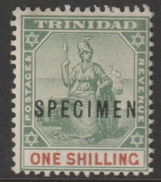 Trinidad 1896 Britannia 1s overprinted SPECIMEN with gum and only about 750 produced SG 121s, stamps on , stamps on  stamps on specimens