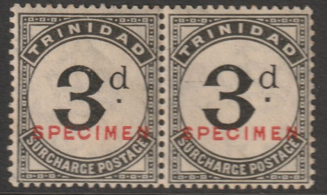 Trinidad 1923 Postage Due 3d horiz pair overprinted SPECIMEN poor gum but only about 400 produced SG D20s, Specimen  multiples are scarce, stamps on specimens