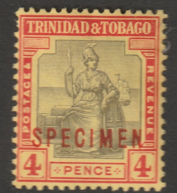 Trinidad & Tobago 1913 Britannia 4d overprinted SPECIMEN with gum and only about 400 produced SG 152s, stamps on specimens