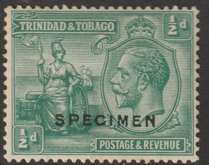 Trinidad & Tobago 1922 KG5 & Britannia 1/2d overprinted SPECIMEN with gum and only about 400 produced SG 218s, stamps on specimens