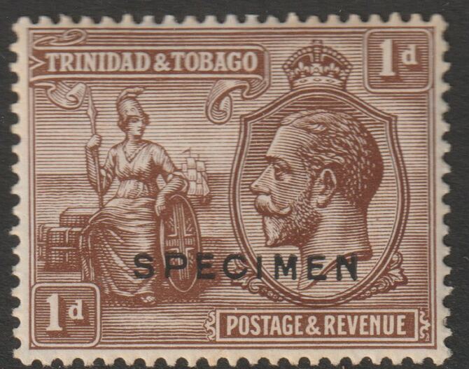 Trinidad & Tobago 1922 KG5 & Britannia 1d overprinted SPECIMEN with gum and only about 400 produced SG 219s, stamps on specimens