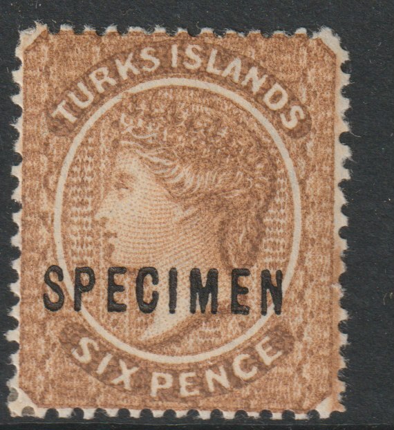 Turks & Caicos Is 1889 6d yellow-brown overprinted SPECIMEN, fine with gum and only about 345  produced SG 59s, stamps on 