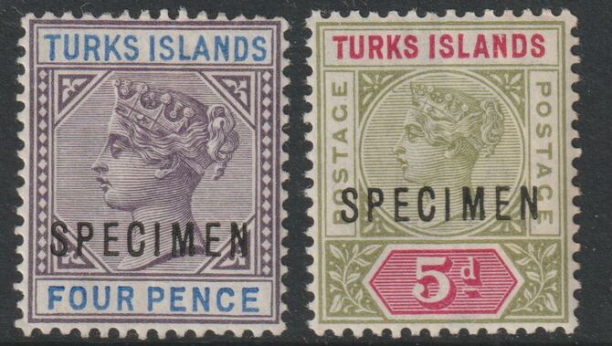 Turks & Caicos Is 1893 QV 4d & 5d overprinted SPECIMEN, fine with gum and only about 730  produced SG 71s-72s, stamps on 