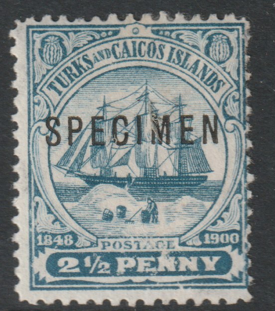 Turks & Caicos Is 1900 Badge of Colony 2.5d overprinted SPECIMEN  with gum but paper adhesion, only about 750  produced SG 104s, stamps on 