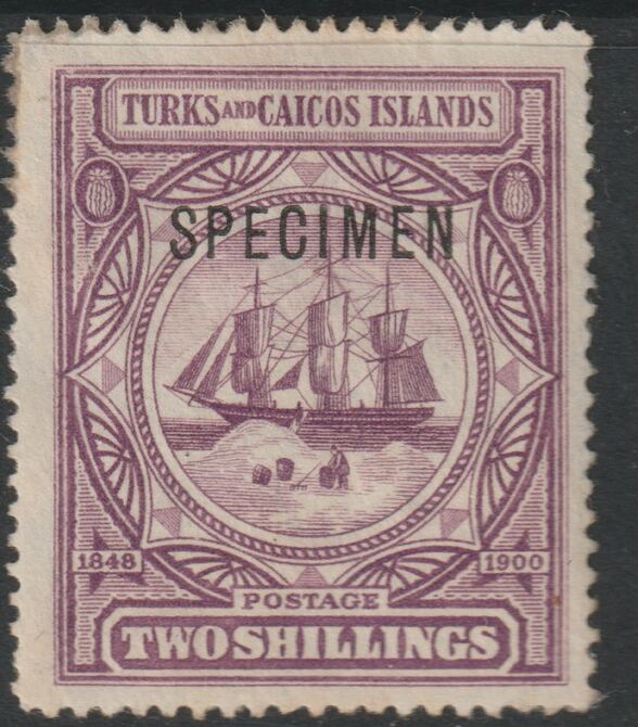 Turks & Caicos Is 1900 Badge of Colony 2s overprinted SPECIMEN  with gum and only about 750  produced SG 108s, stamps on 