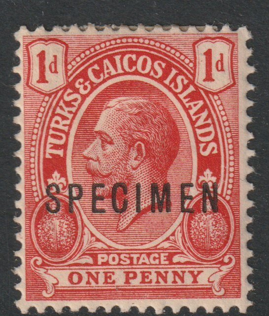 Turks & Caicos Is 1913 KG5 MCA 1d overprinted SPECIMEN  with gum but toned only about 400  produced SG 130s, stamps on 