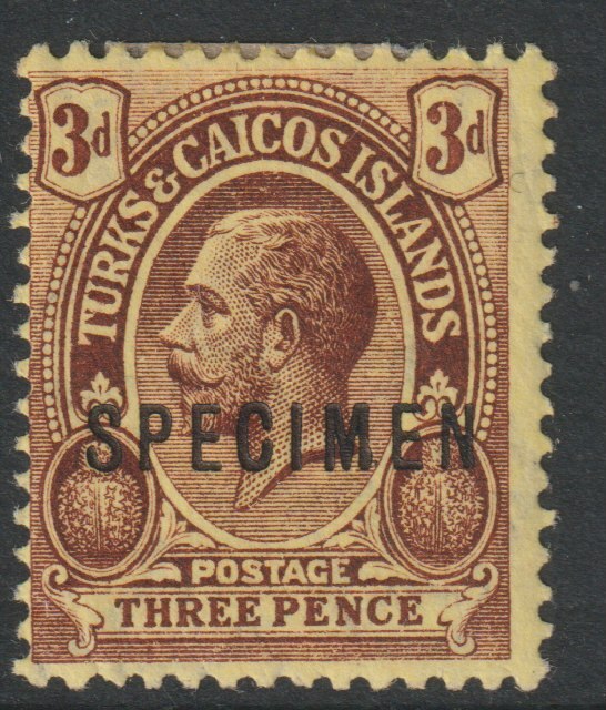 Turks & Caicos Is 1913 KG5 MCA 3d overprinted SPECIMEN  with gum and only about 400  produced SG 133s, stamps on 