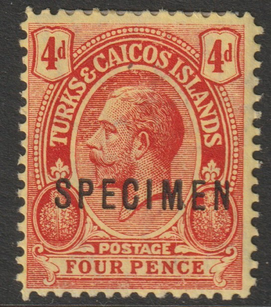 Turks & Caicos Is 1913 KG5 MCA 4d overprinted SPECIMEN  with gum and only about 400  produced SG 134s, stamps on 