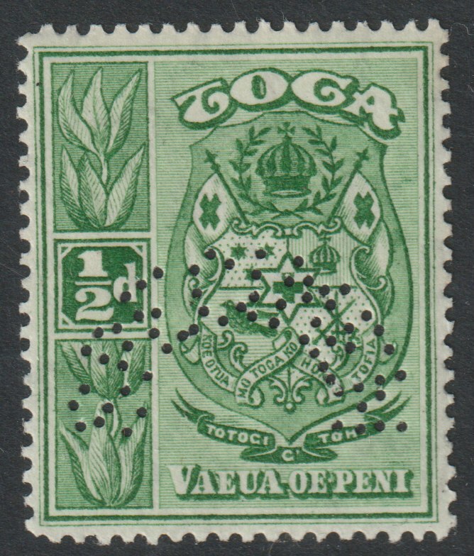 Tonga 1920-35 Pictorial 1/2d perforated SPECIMEN with gum, only about 400 produced, SG 55s, stamps on specimens