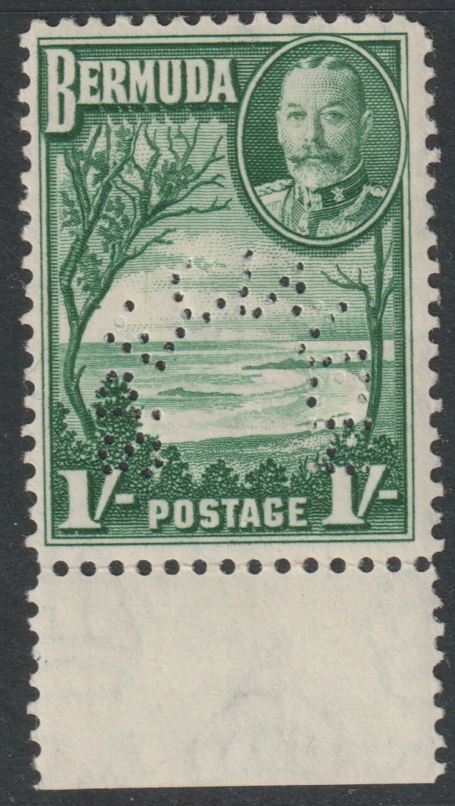 Bermuda 1936 KG5 Pictorial 1s perforated SPECIMEN with gum, only about 400 produced, SG 105ss, stamps on specimens, stamps on 