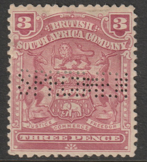 Rhodesia 1898 Arms 3d perforated SPECIMEN with gum, only about 750 produced, SG 81s, stamps on , stamps on  stamps on specimens, stamps on  stamps on 