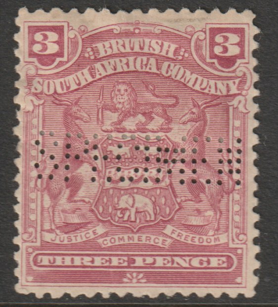 Rhodesia 1898 Arms 3d perforated SPECIMEN with gum, only about 750 produced, SG 81s, stamps on , stamps on  stamps on specimens, stamps on  stamps on 