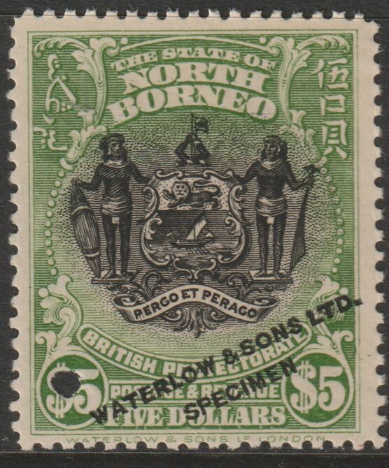 North Borneo 1911 Printers sample of $5 Arms in black & green optd Waterlow & Sons Specimen with small security punch hole on ungummed paper (as SG 182), stamps on heraldry, stamps on arms, stamps on  kg5 , stamps on 