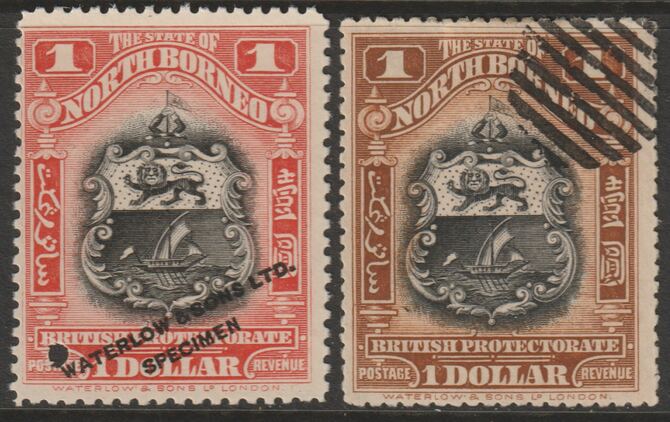 North Borneo 1911 Printers sample of $1 Arms in black & orange optd Waterlow & Sons Specimen with small security punch hole on ungummed paper (as SG 180), stamps on heraldry, stamps on arms, stamps on  kg5 , stamps on 